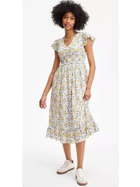 ON 34TH Women’s Size S Floral Printed V-Neck Smocked Flutter-Sleeve Midi Dress